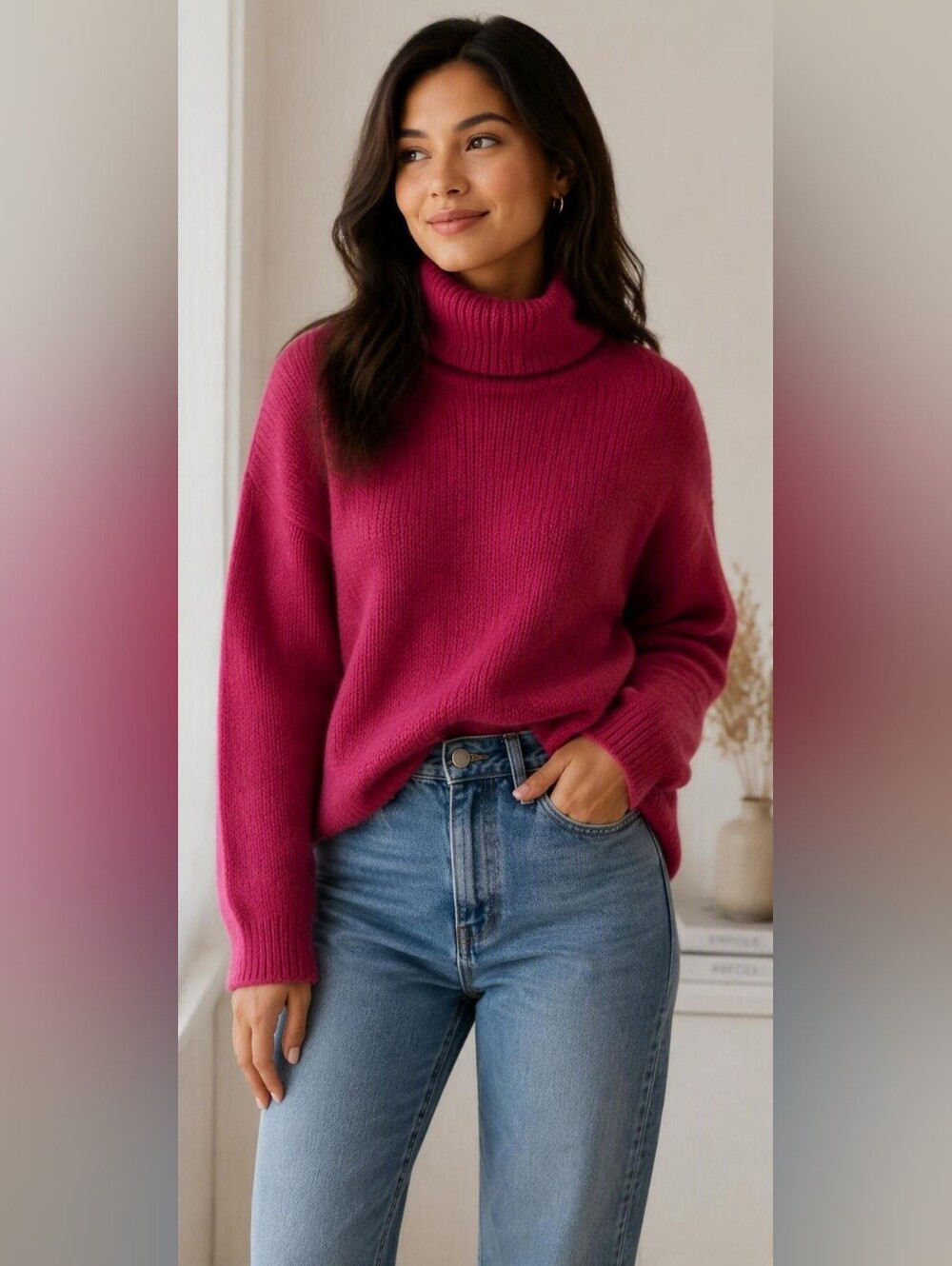 Tahari Merino Wool Raspberry Pink Turtleneck Sweater